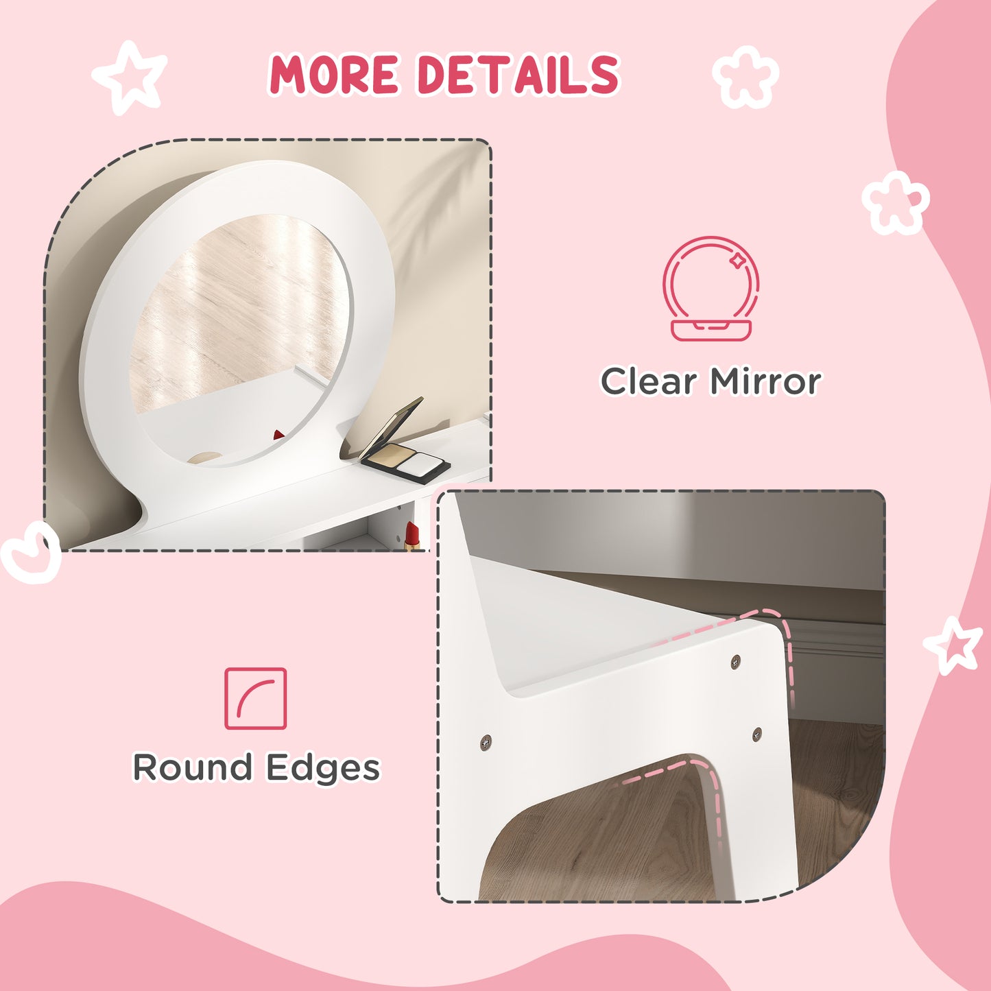Kids Dressing Table with Mirror and Stool, Kids Vanity Table Make up Set with Storage Drawers Gift for Aged 3–8 Years Old - White