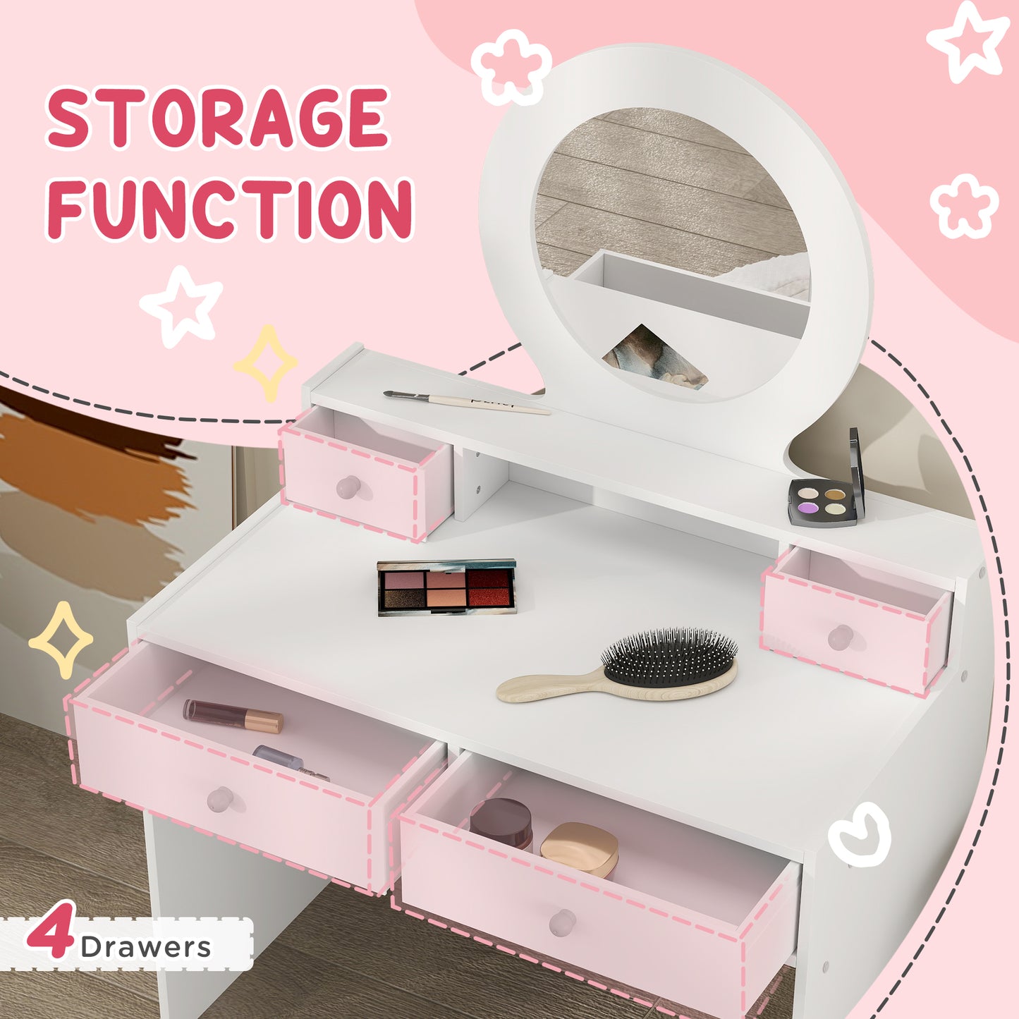 Kids Dressing Table with Mirror and Stool, Kids Vanity Table Make up Set with Storage Drawers Gift for Aged 3–8 Years Old - White
