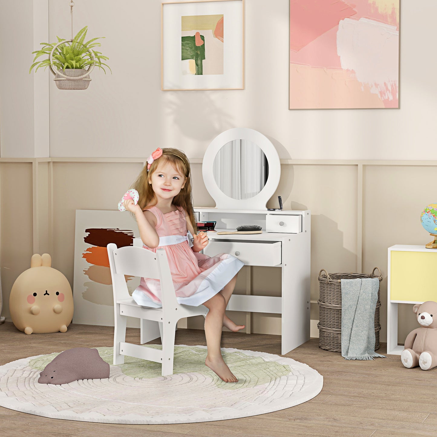 Kids Dressing Table with Mirror and Stool, Kids Vanity Table Make up Set with Storage Drawers Gift for Aged 3–8 Years Old - White