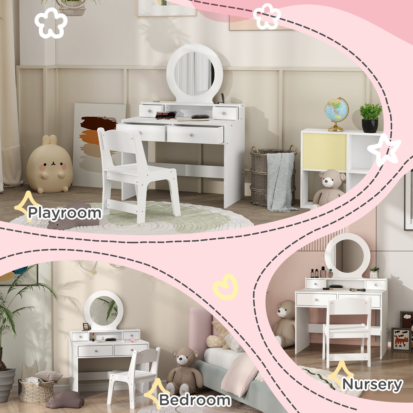 Kids Dressing Table with Mirror and Stool, Kids Vanity Table Make up Set with Storage Drawers Gift for Aged 3–8 Years Old - White