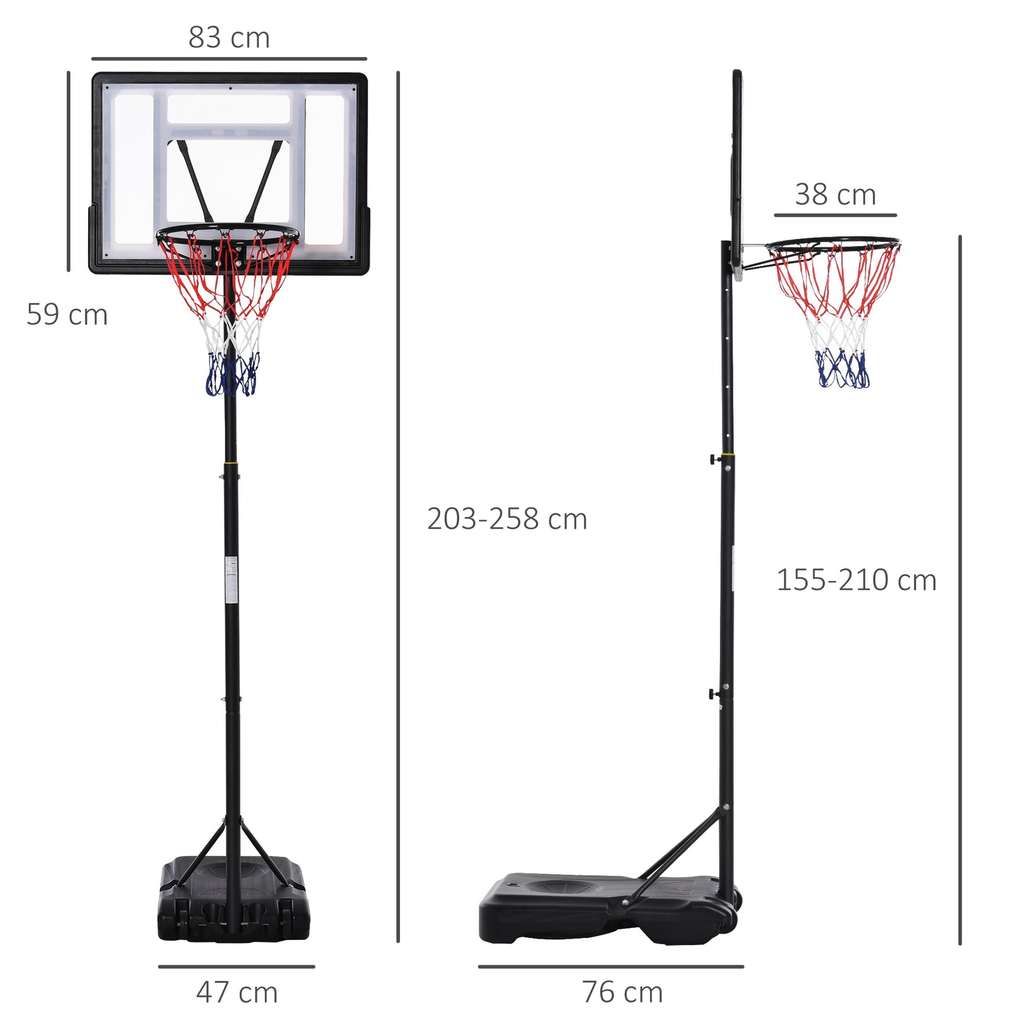 1.55-2.1m Basketball Hoop and Stand w/ Fillable Base, Wheels - Black