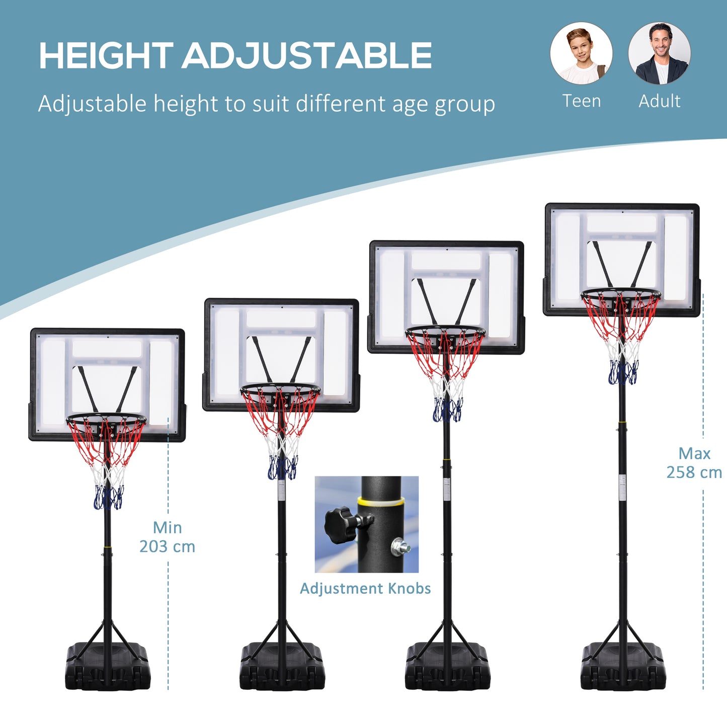 1.55-2.1m Basketball Hoop and Stand w/ Fillable Base, Wheels - Black