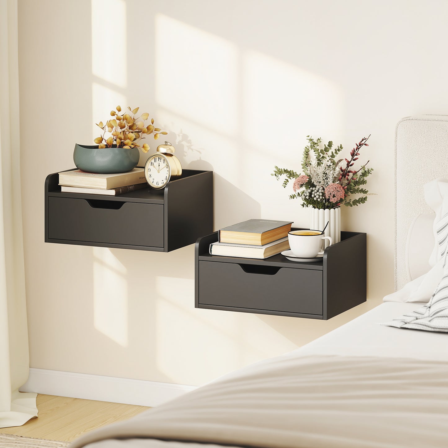 Floating Nightstands Set of 2, Nightstand with Drawer, Black