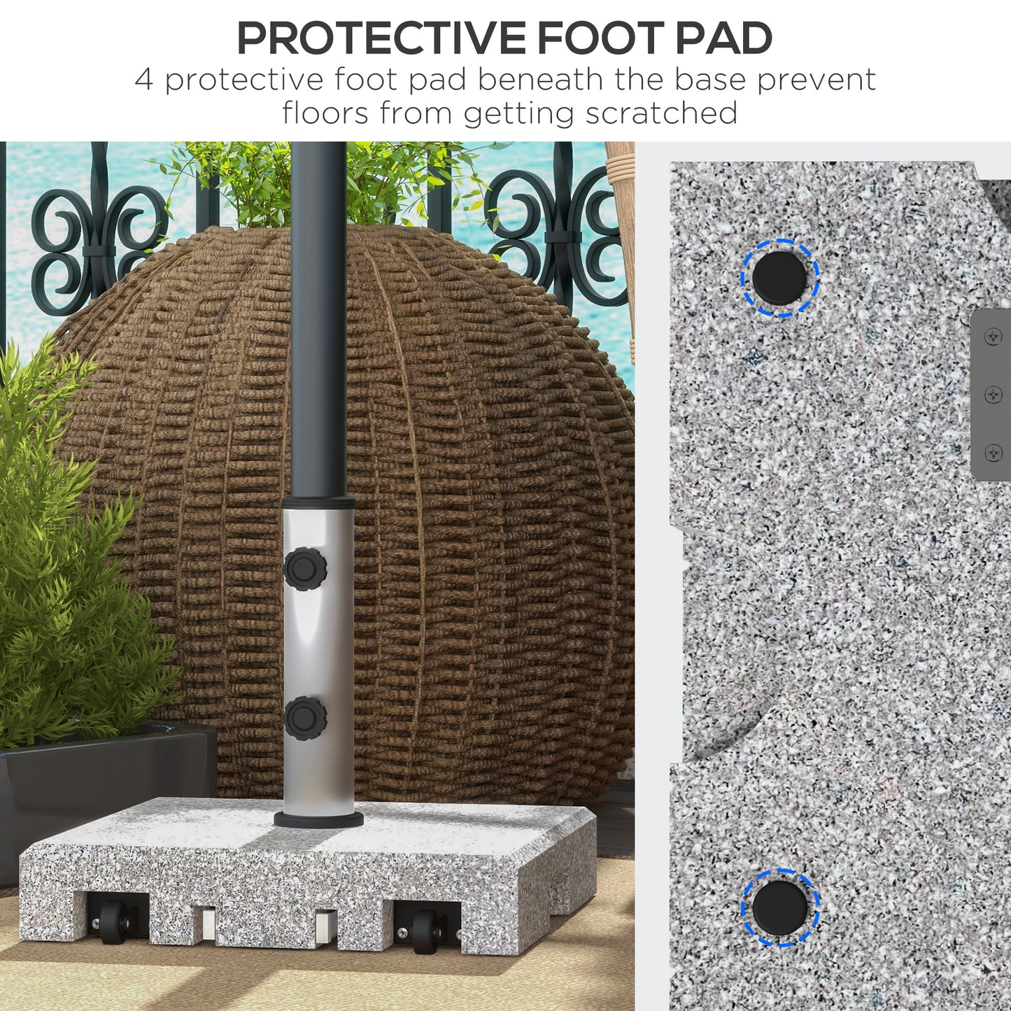 Granite Parasol Base, 28kg Heavy Duty Square Umbrella Stand with Wheels, Retractable Handle, Stainless Steel Tube, Grey