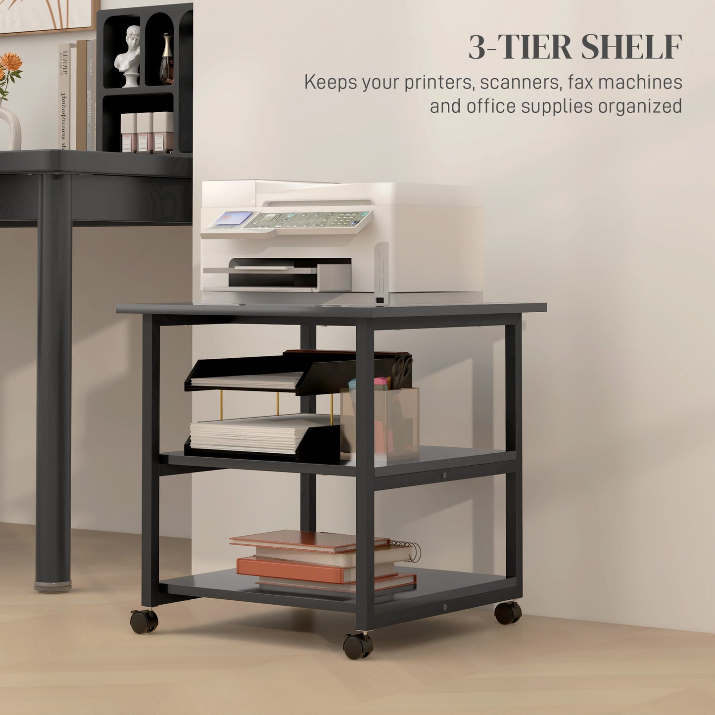 Mobile Printer Stand with Storage Printer Table for Home Office Black