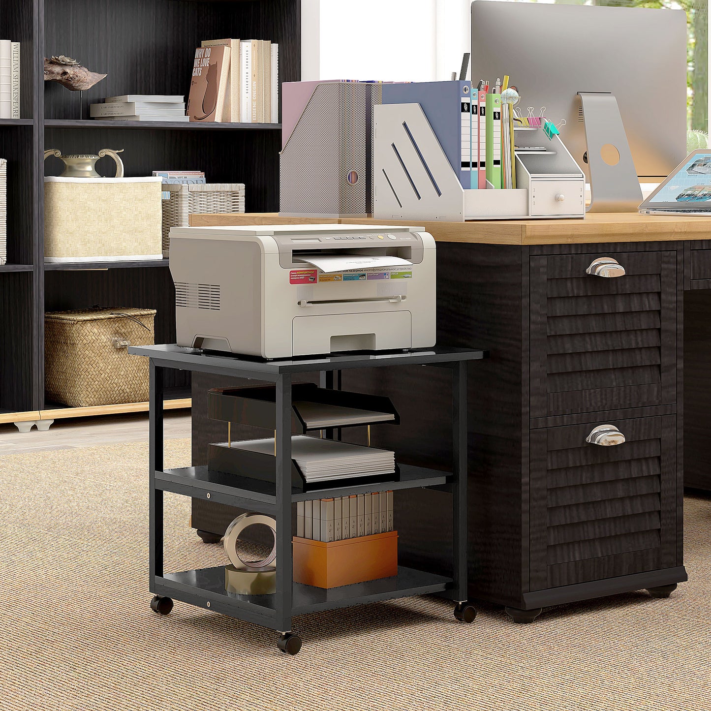 Mobile Printer Stand with Storage Printer Table for Home Office Black