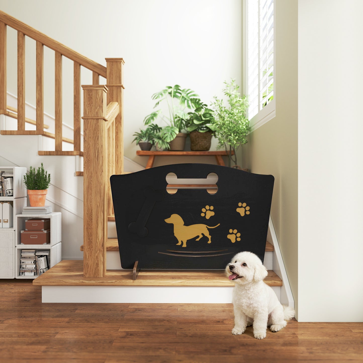 Wooden Dog Stopper, Freestanding Dog Gate with Support Feet, Black