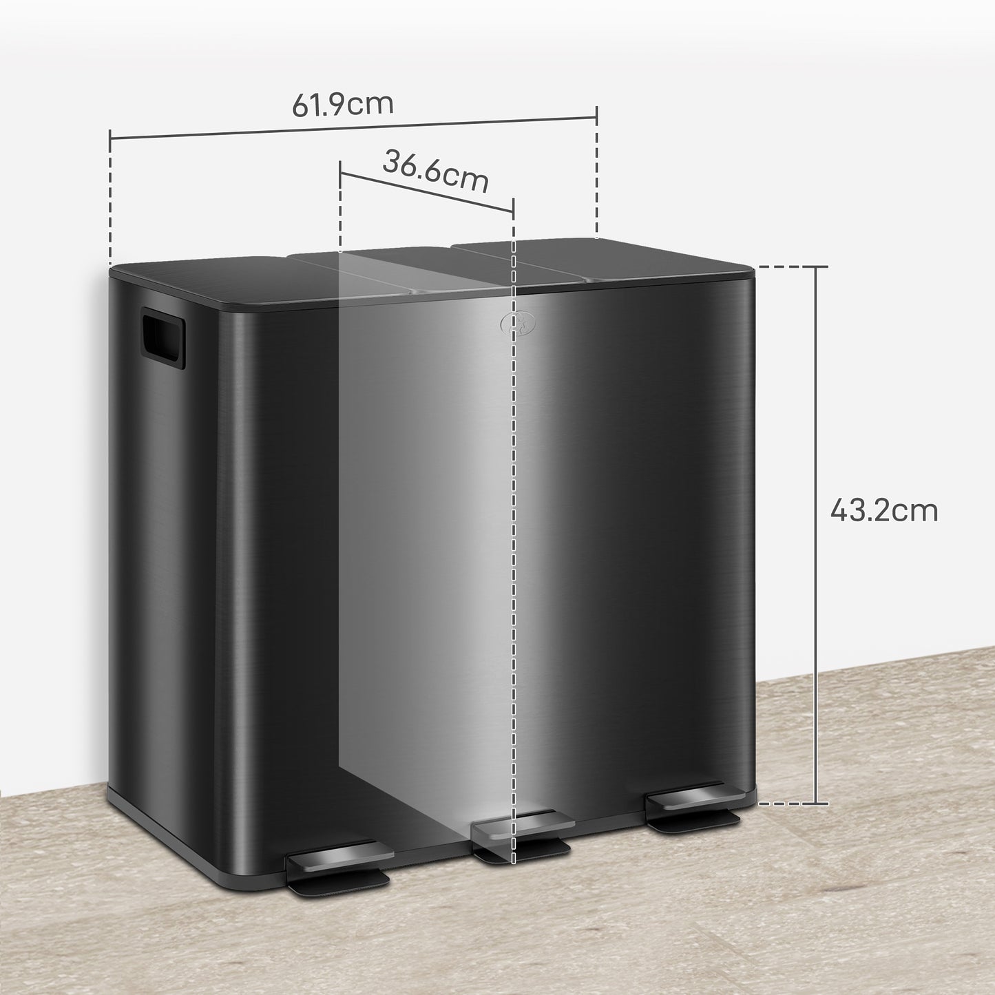 3 x 15L Triple Kitchen Bin Pedal Bin for Recycling and Waste, Black