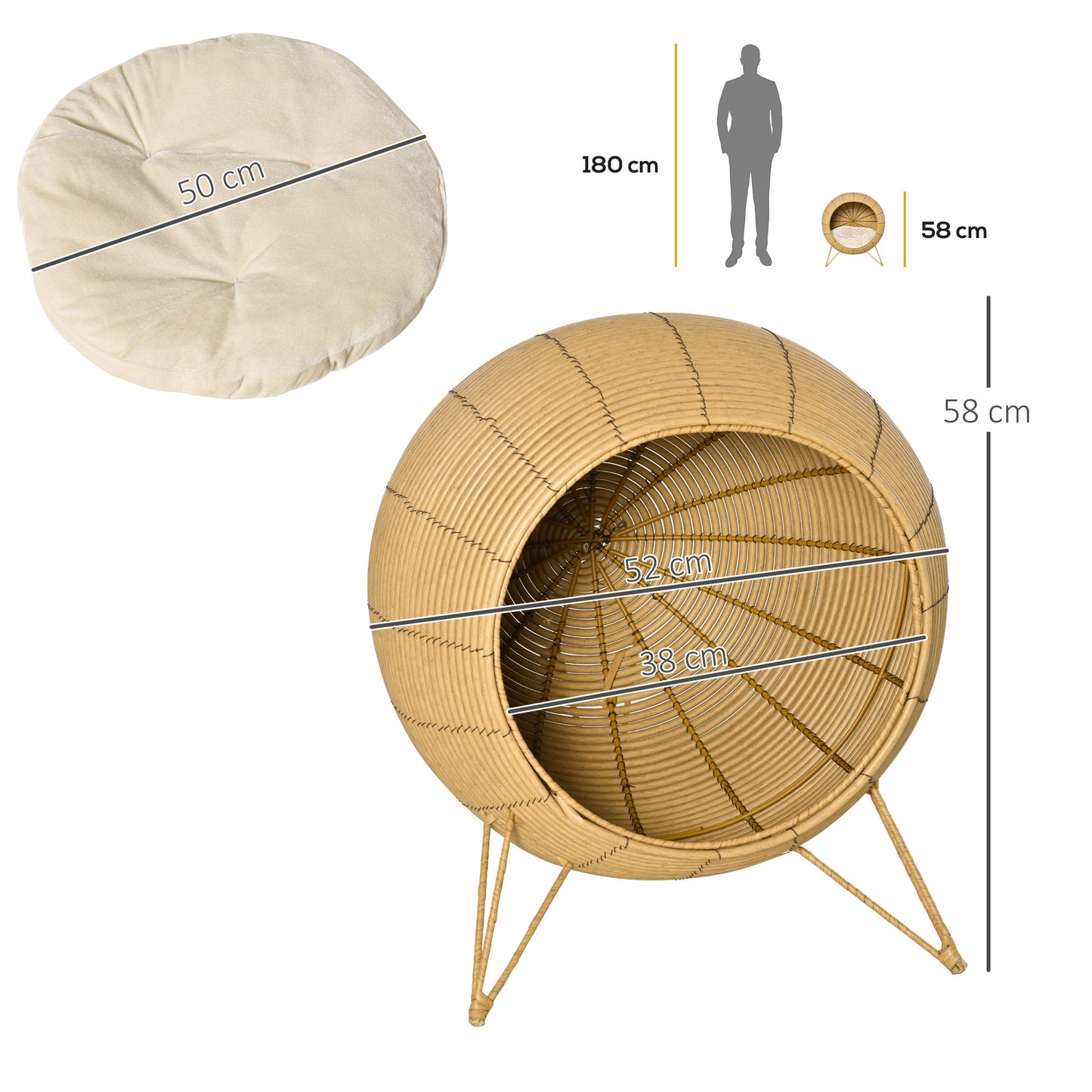 Wicker Cat Bed Elevated Rattan Kitten Basket Cozy Cave w/ Soft Cushion