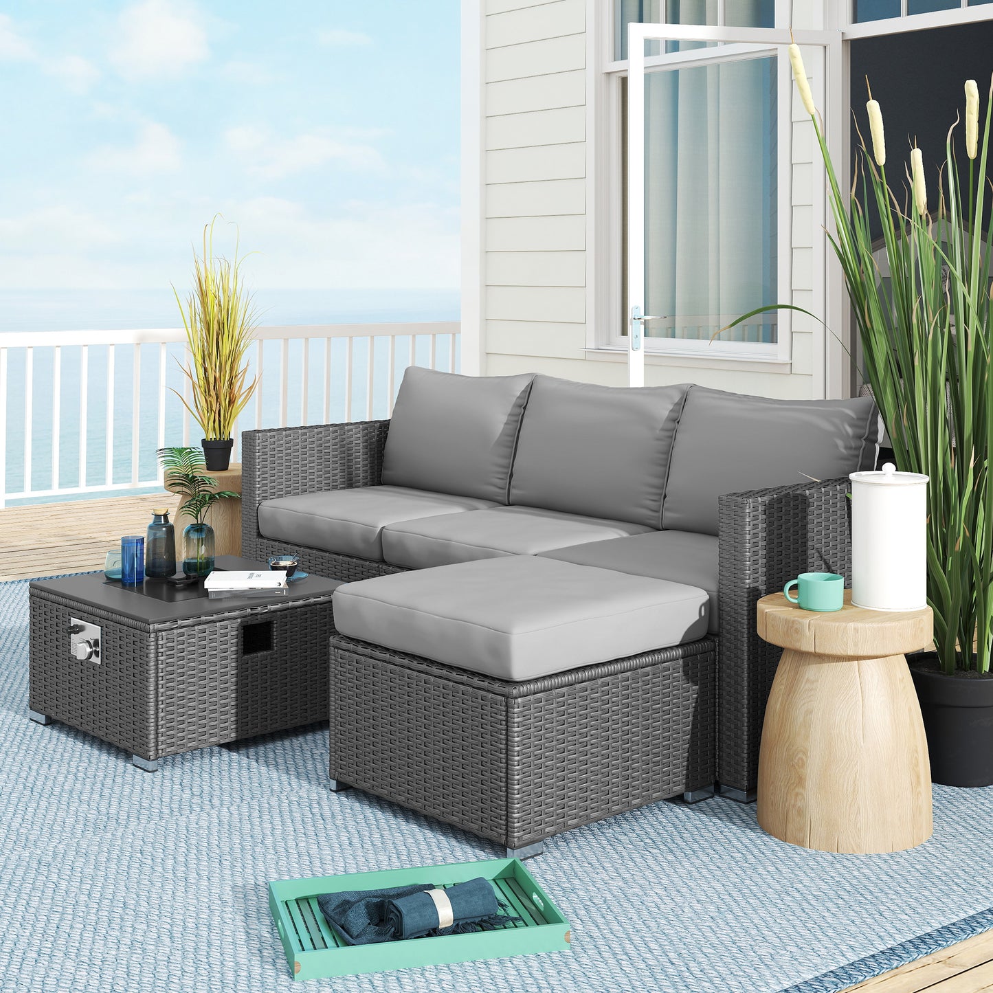 4 Seater Rattan Sofa Set with Footstool Thick Cushions Grey