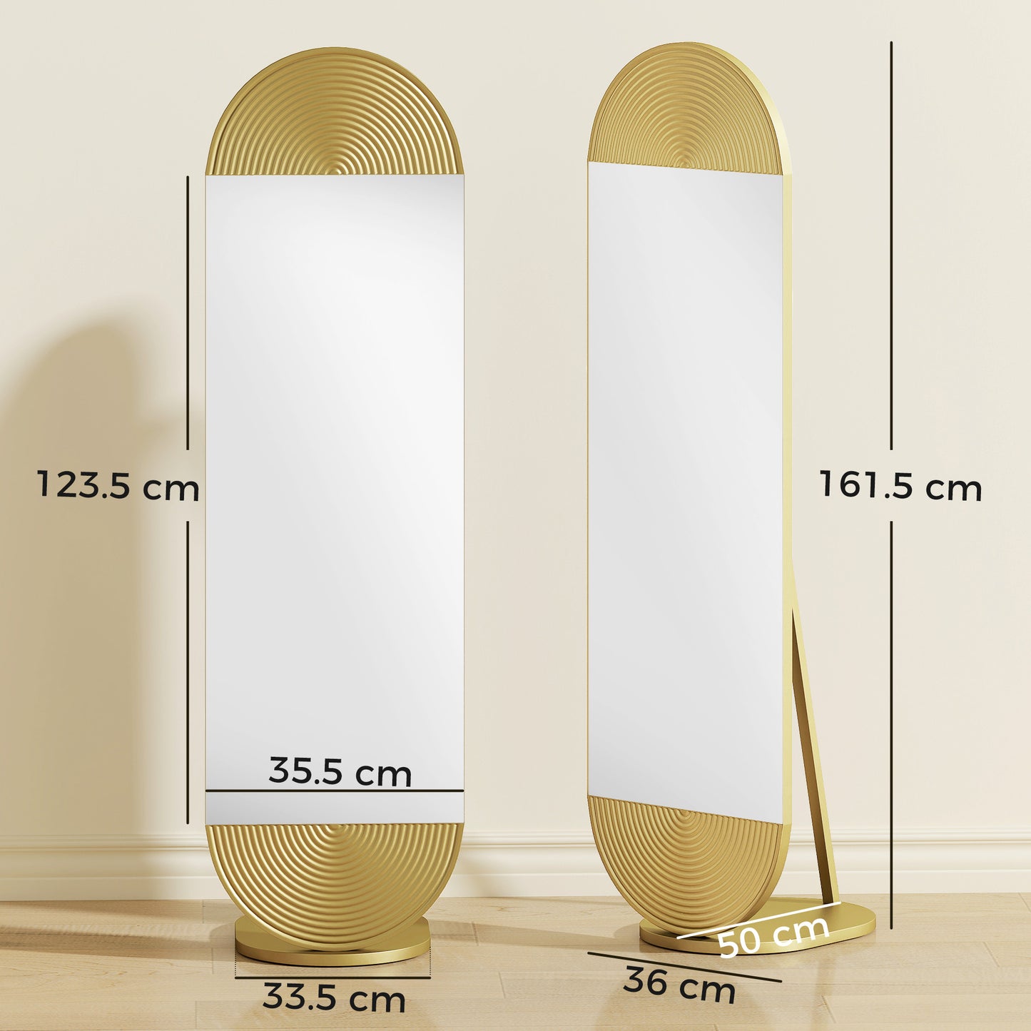 Wavy Full Length Mirror with Metal Frame and Base, Gold Tone