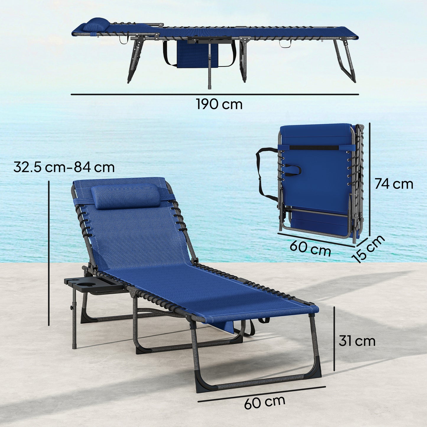 Folding Sun Loungers with 5-Level Back, Cup Holder, Dark Blue