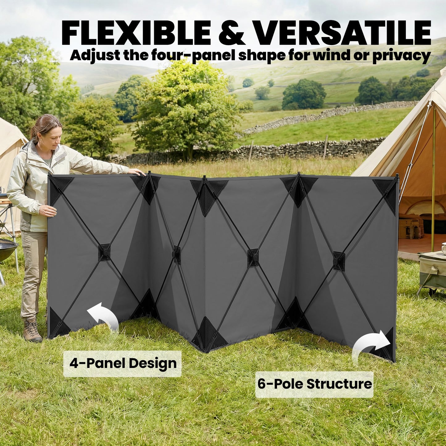 Camping Windbreak, Pop Up Hub Frame Windbreaker Blocker, Dark Grey