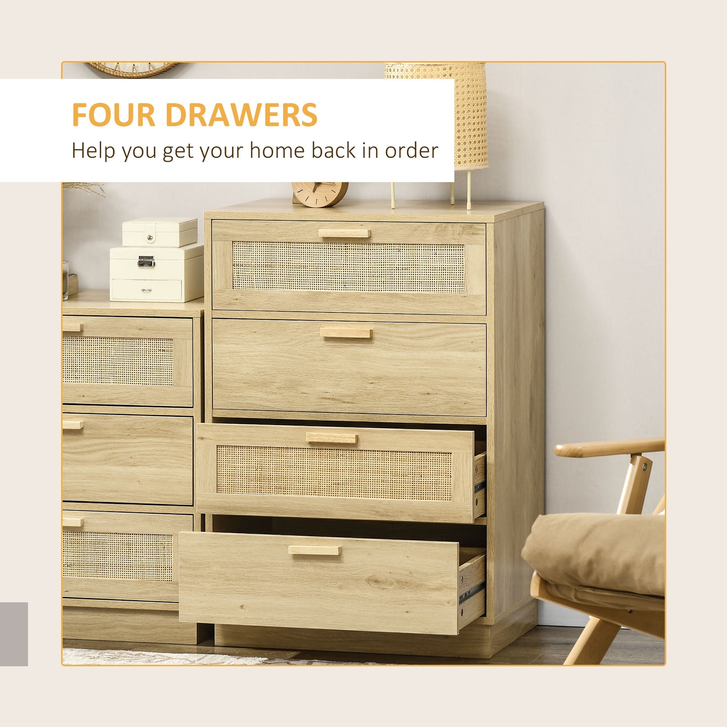 4 Drawer Dresser, Boho Chest of Drawers Storage Cabinet, Natural