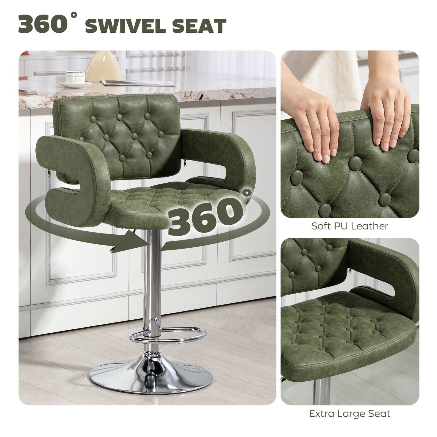 Adjustable Height Barstool Steel Pole PU Leather, Green