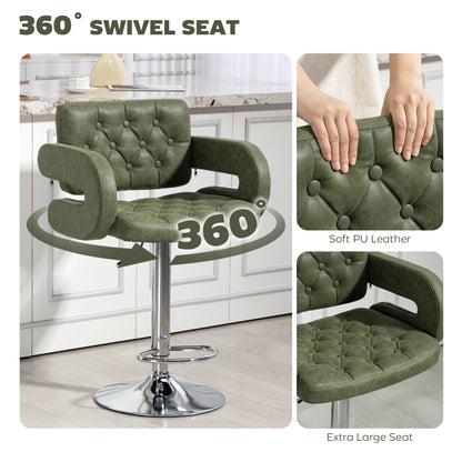 Adjustable Height Barstool Steel Pole PU Leather, Green