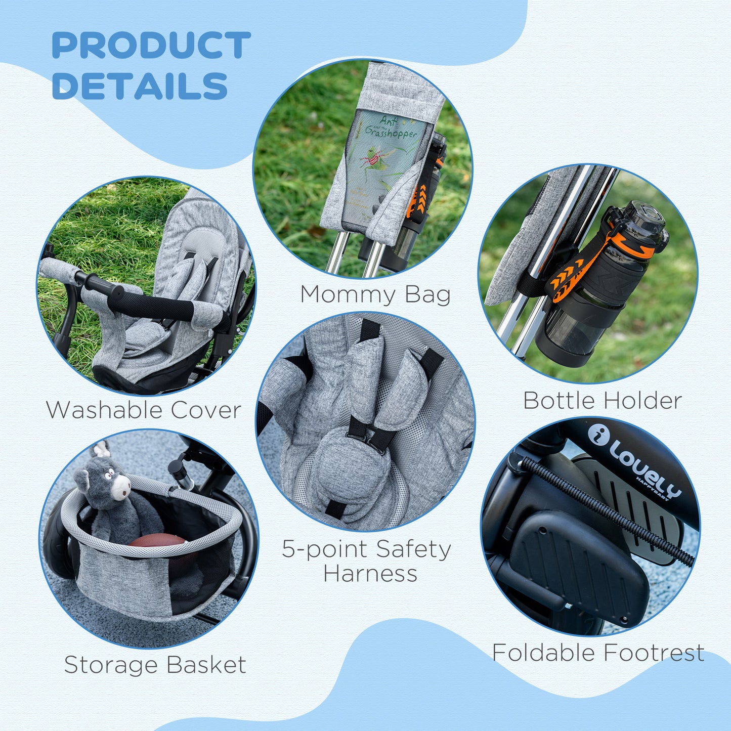 6 in 1 Kids Trike, Stroller with Parent Handle, Grey