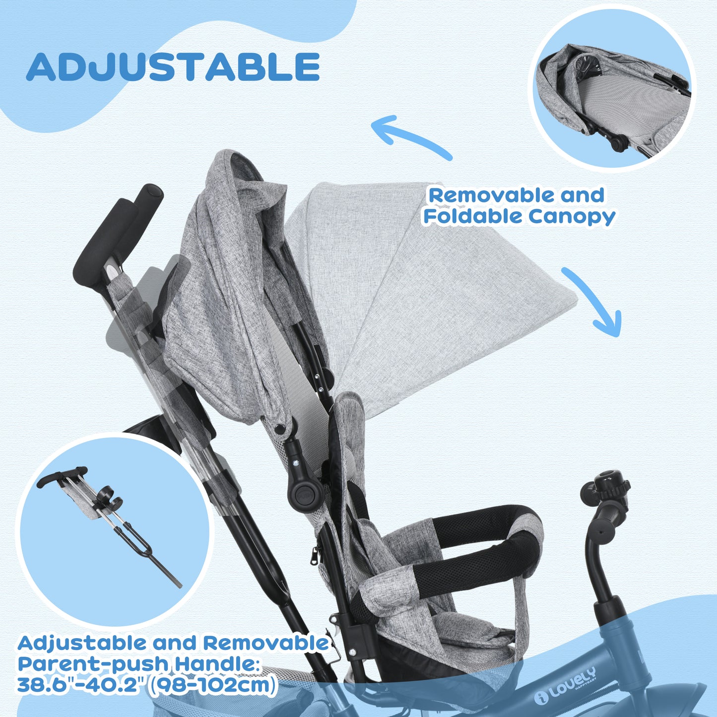 6 in 1 Kids Trike, Stroller with Parent Handle, Grey