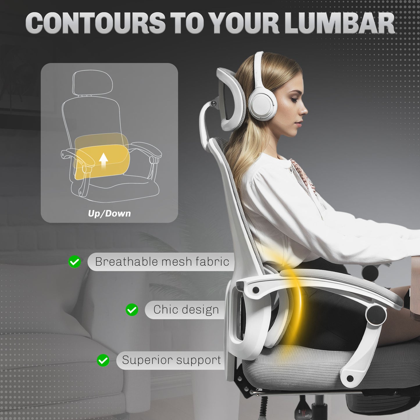 Mesh Ergonomic Office Chair with Lumbar Support, Headrest, Grey