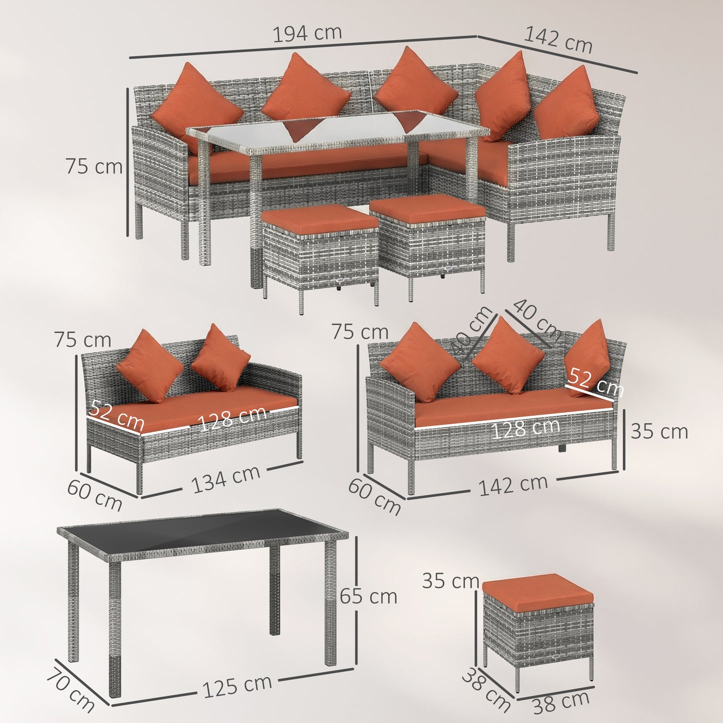 5Pcs Rattan Dining Corner Sofa Set, Garden Furniture Set, Orange