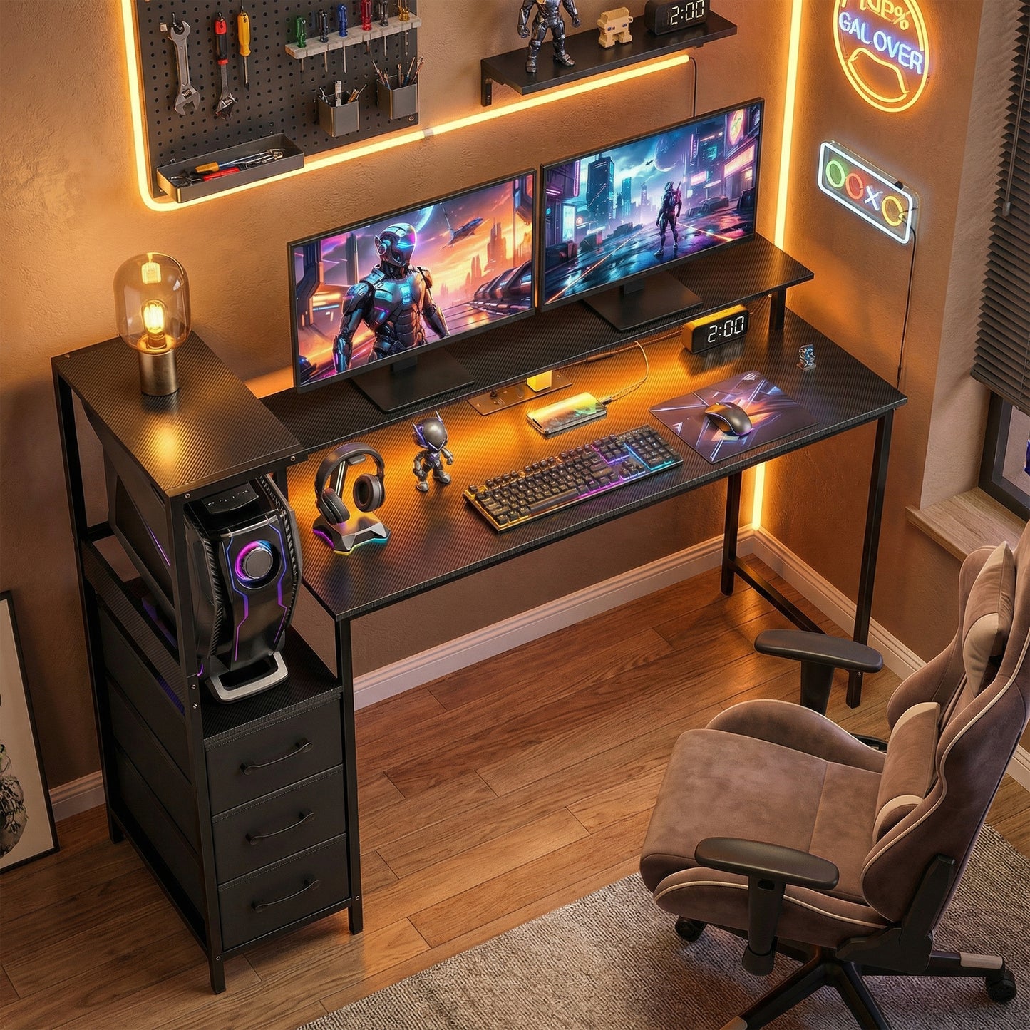 147cm Gaming Desk with Charging Station and RGB Lights, Black