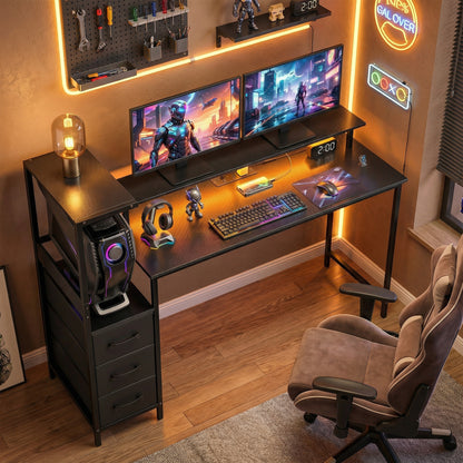147cm Gaming Desk with Charging Station and RGB Lights, Black