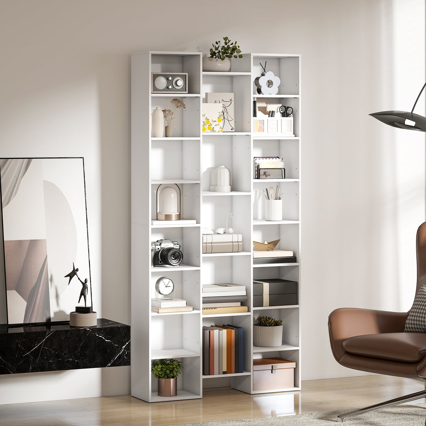 Tall Bookshelf with 21 Compartments and 10 Adjustable Shelves, White