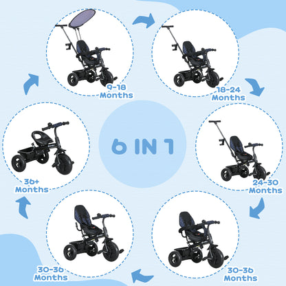 6 in 1 Kids Tricycle w/ Removable Handle for 1.5+ year, Dark Blue