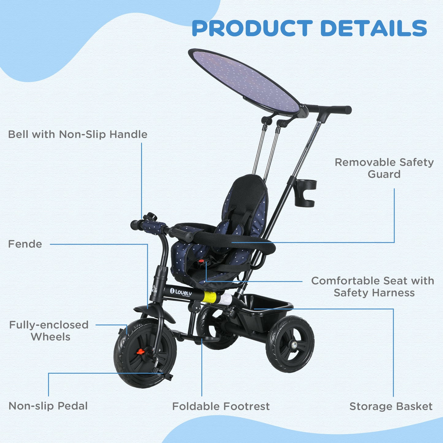 6 in 1 Kids Tricycle w/ Removable Handle for 1.5+ year, Dark Blue