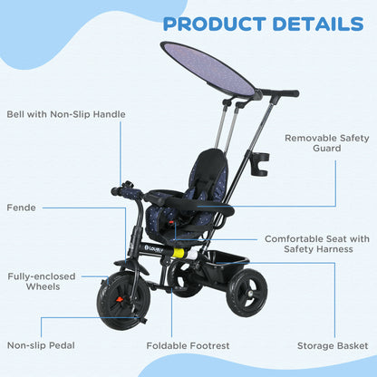 6 in 1 Kids Tricycle w/ Removable Handle for 1.5+ year, Dark Blue