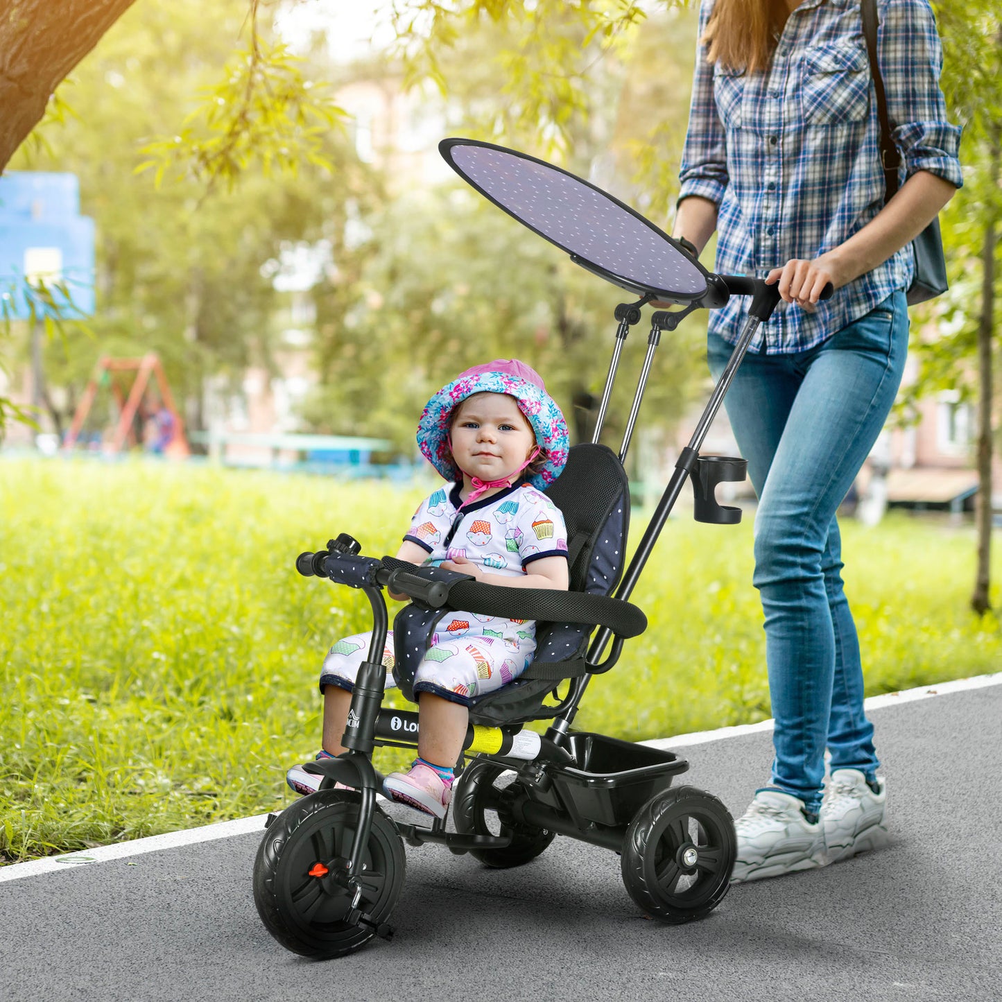 6 in 1 Kids Tricycle w/ Removable Handle for 1.5+ year, Dark Blue