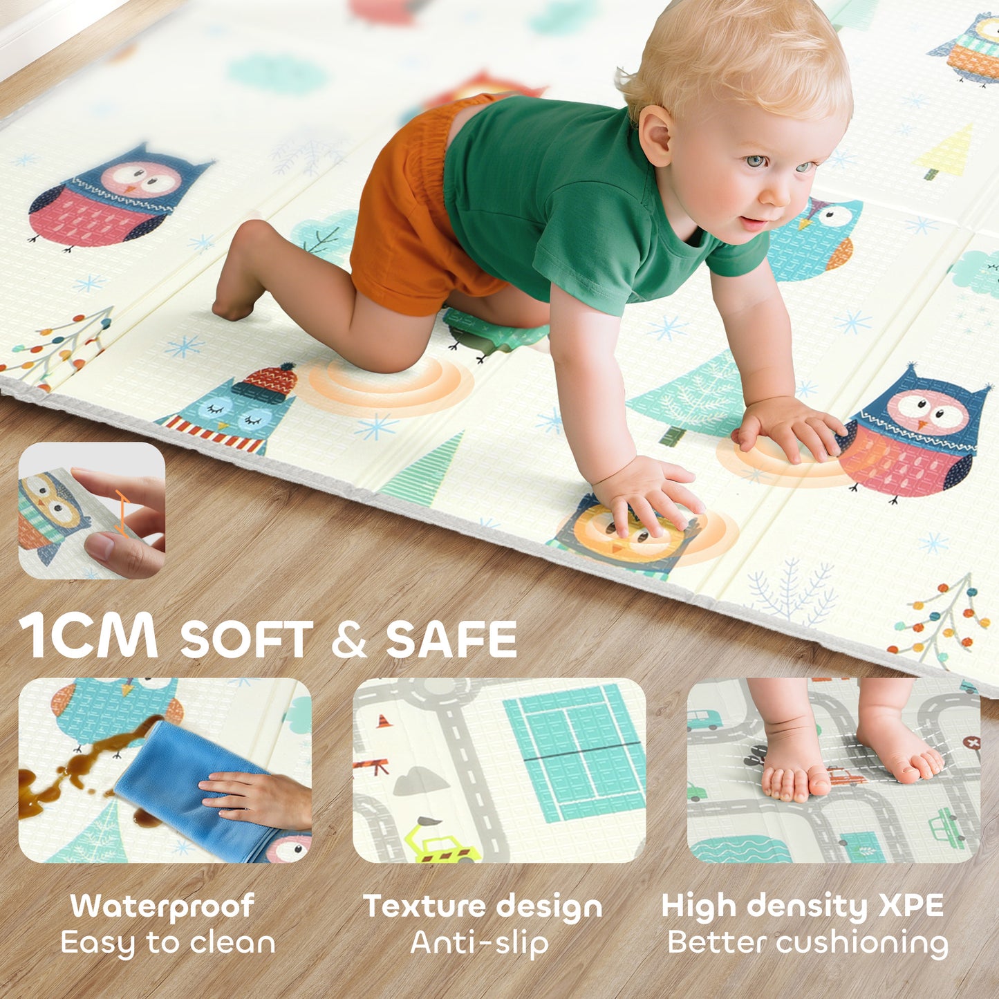 Baby Play Mat Double-Sided, Kids Floor Mat, Car Track and Owl Theme