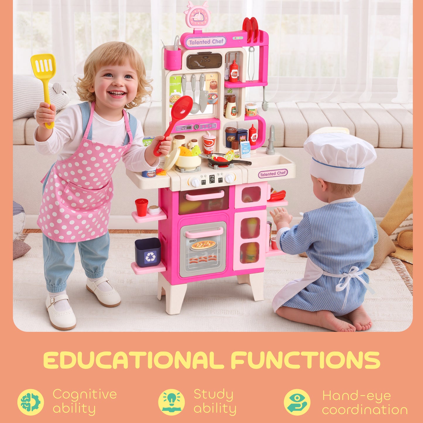 Play Kitchen Set with Realistic Lights & Sounds, Kids Pretend Role Play Set with Toy Food, Pots, Utensils, 104PCS Toy Kitchen Accessories for Boys and Girls, Pink