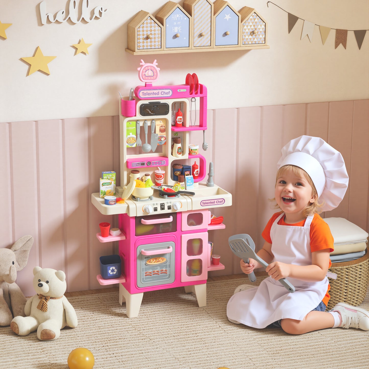 Play Kitchen Set with Realistic Lights & Sounds, Kids Pretend Role Play Set with Toy Food, Pots, Utensils, 104PCS Toy Kitchen Accessories for Boys and Girls, Pink