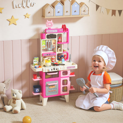 Play Kitchen Set with Realistic Lights & Sounds, Kids Pretend Role Play Set with Toy Food, Pots, Utensils, 104PCS Toy Kitchen Accessories for Boys and Girls, Pink