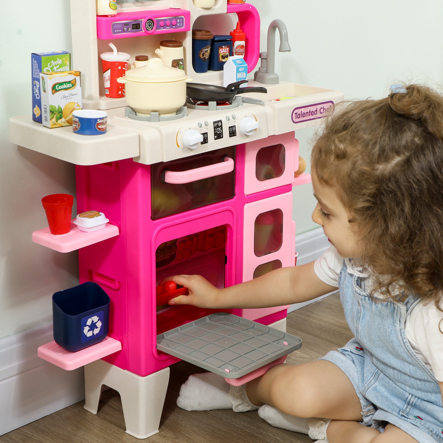 Play Kitchen Set with Realistic Lights & Sounds, Kids Pretend Role Play Set with Toy Food, Pots, Utensils, 104PCS Toy Kitchen Accessories for Boys and Girls, Pink