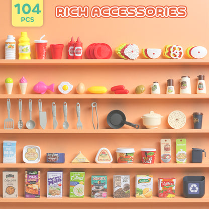 Play Kitchen Set with Realistic Lights & Sounds, Kids Pretend Role Play Set with Toy Food, Pots, Utensils, 104PCS Toy Kitchen Accessories for Boys and Girls, Pink