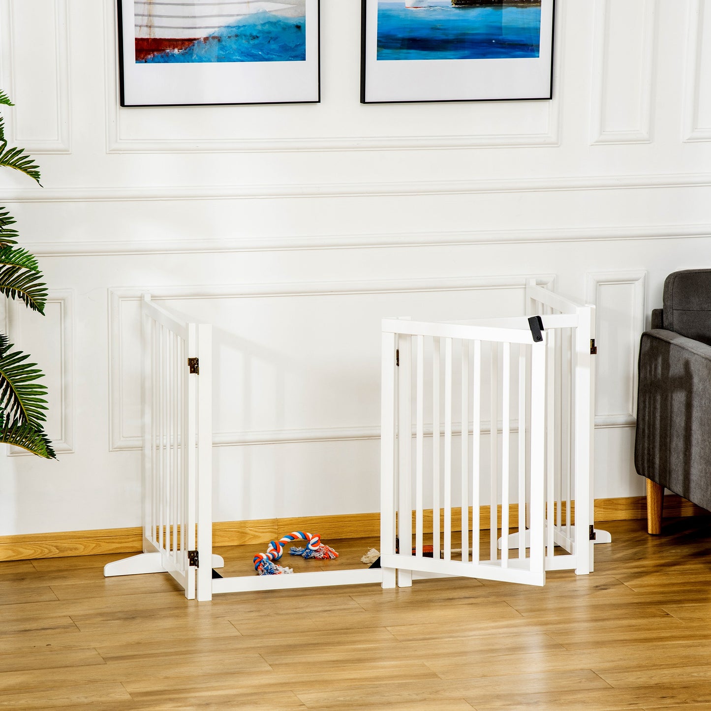 Freestanding Pet Gate for Small and Medium Dogs, Wooden Foldable Dog Safety Barrier with 4 Panels, 2 Support Feet, 80 cm Tall for Doorways, Stairs White