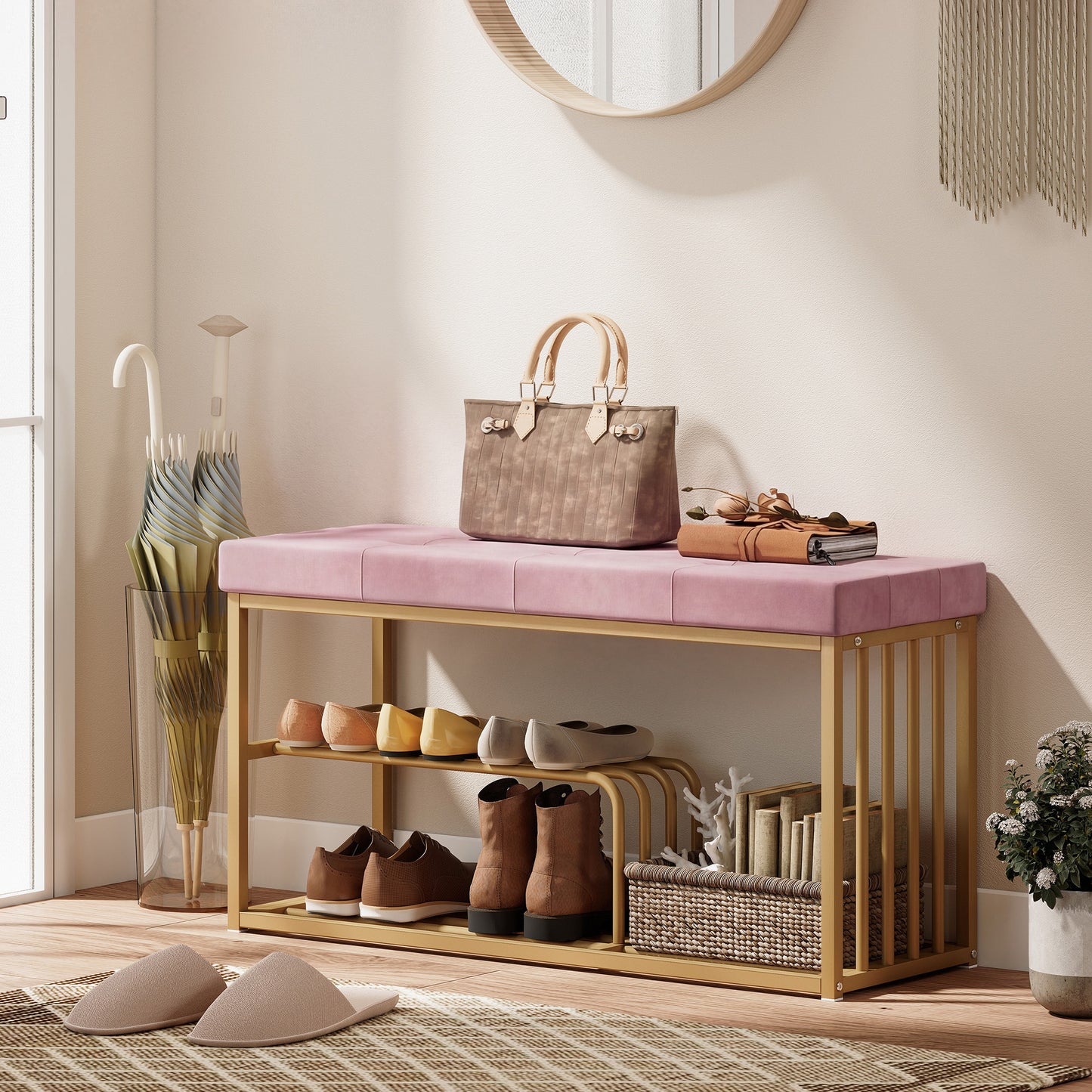 Shoe Storage Bench with Seat Cushion Tufted Shoe Rack Bench Pink