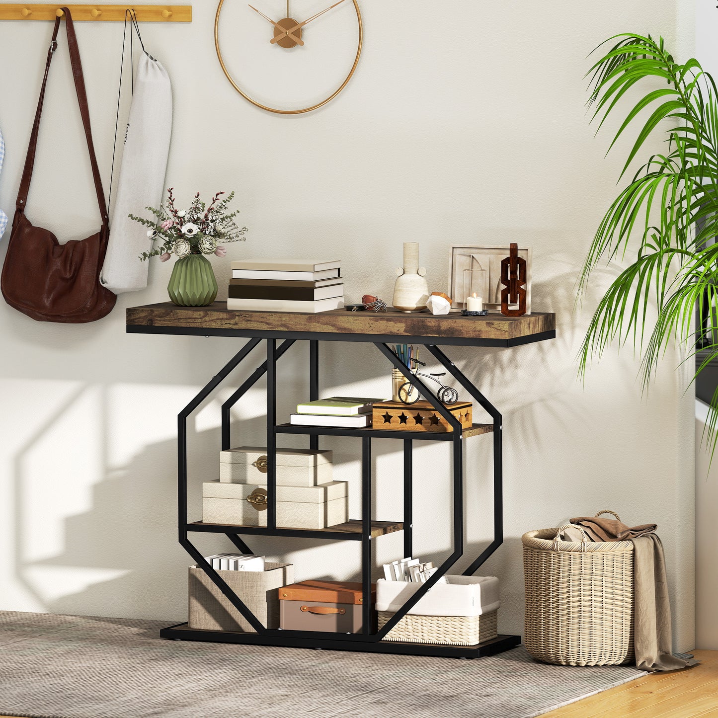 Industrial Console Table, Hallway Table with 4-Tier Shelves