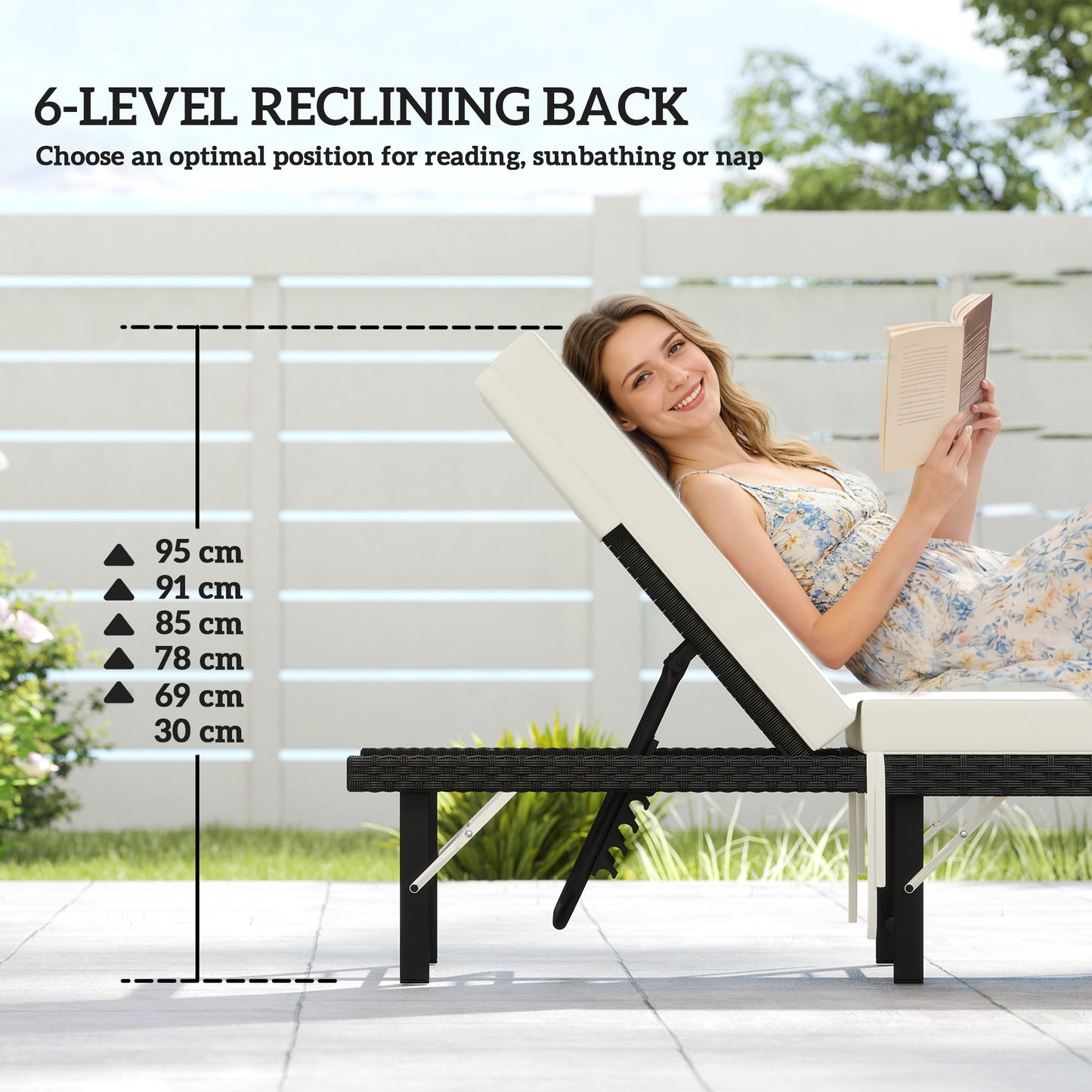Folding Rattan Sun Lounger with Adjustable Back, Cushion, Black