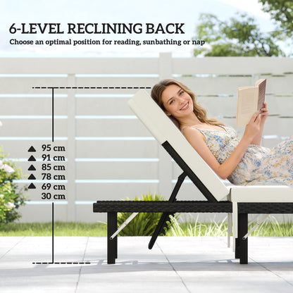 Folding Rattan Sun Lounger with Adjustable Back, Cushion, Black