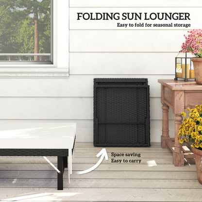 Folding Rattan Sun Lounger with Adjustable Back, Cushion, Black