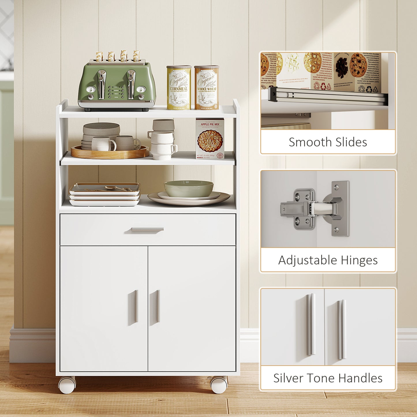 Kitchen Trolley with Wheels, Modern Mobile Microwave Stand with Slide-Out Shelf, Drawer and 2 Doors for Dining Room, 59 x 40 x 92 cm, White