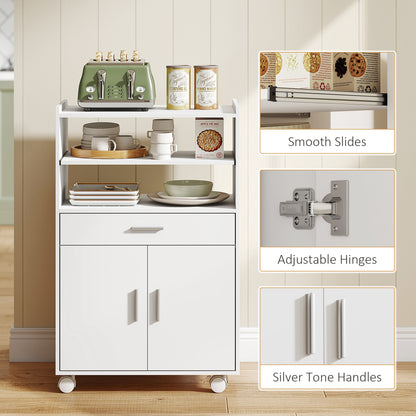 Kitchen Trolley with Wheels, Modern Mobile Microwave Stand with Slide-Out Shelf, Drawer and 2 Doors for Dining Room, 59 x 40 x 92 cm, White