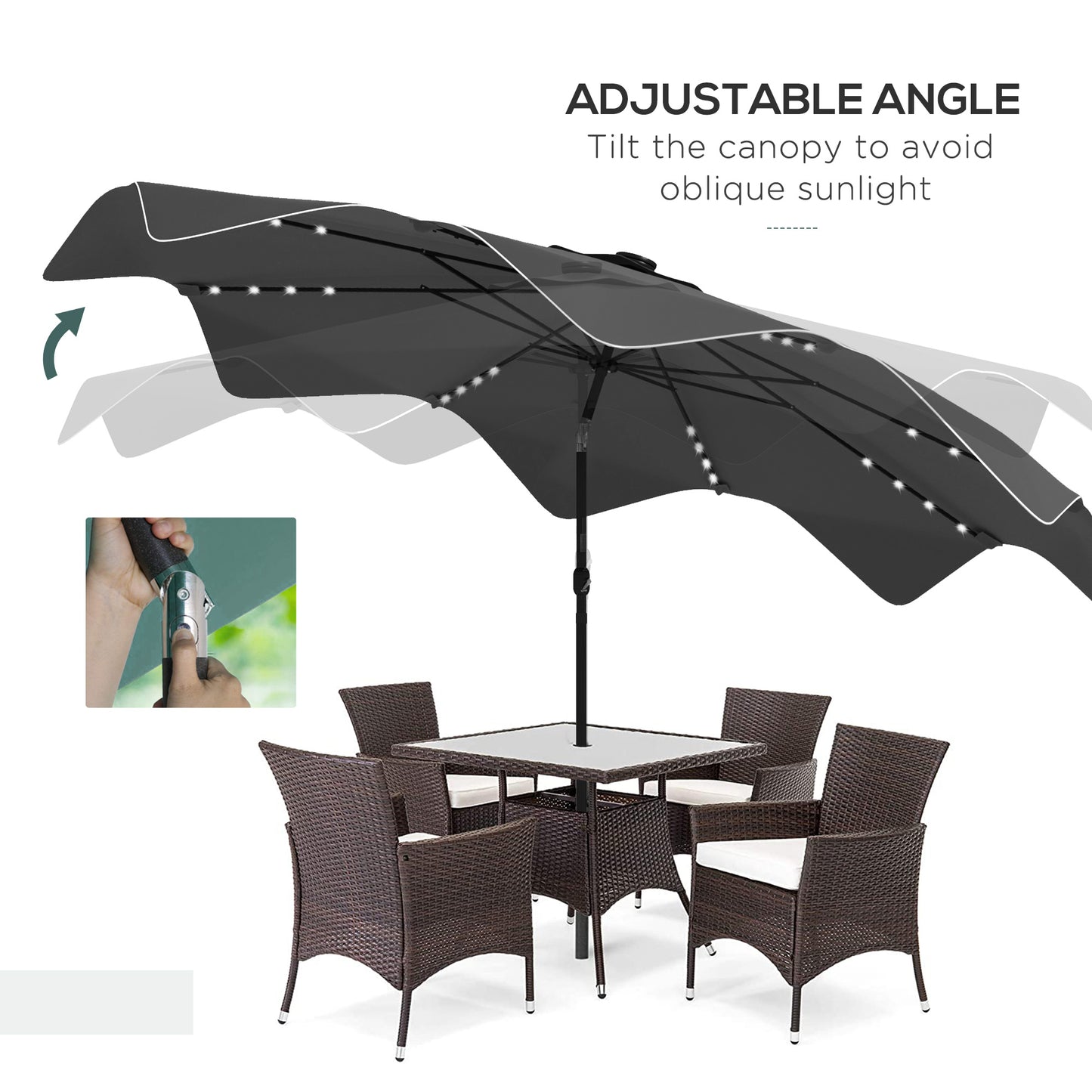 Solar Patio Umbrella with LED and Tilt, Outdoor Market Table Umbrella Parasol with Crank, 3 x 3 (m), Grey