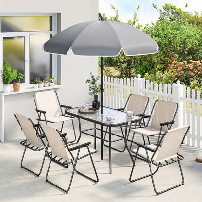 8 Piece Garden Dining Set with 6 Folding Chairs and Umbrella, Cream
