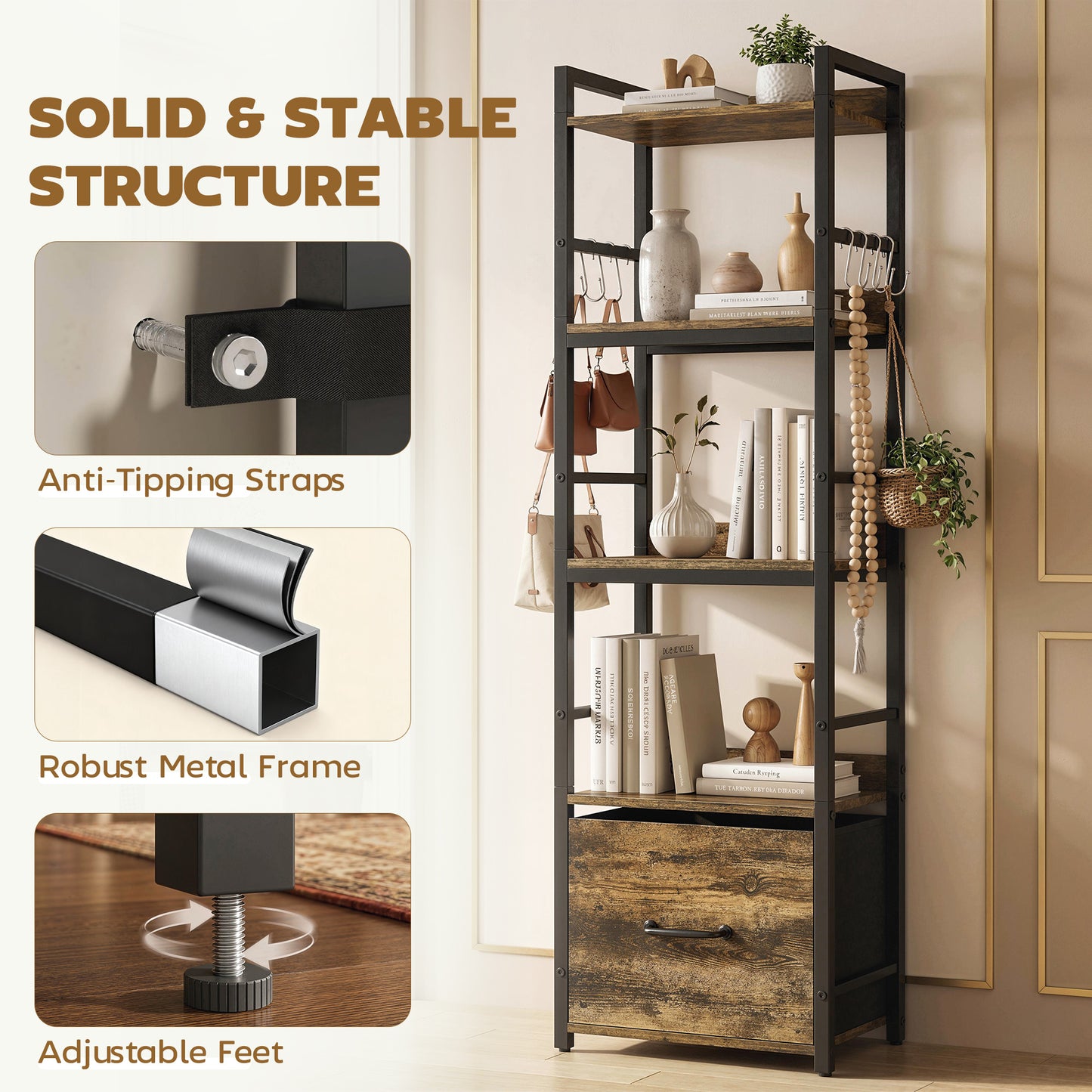 4-Tier Bookshelf, Shelving Unit with Drawer, 8 Hooks, Rustic Brown