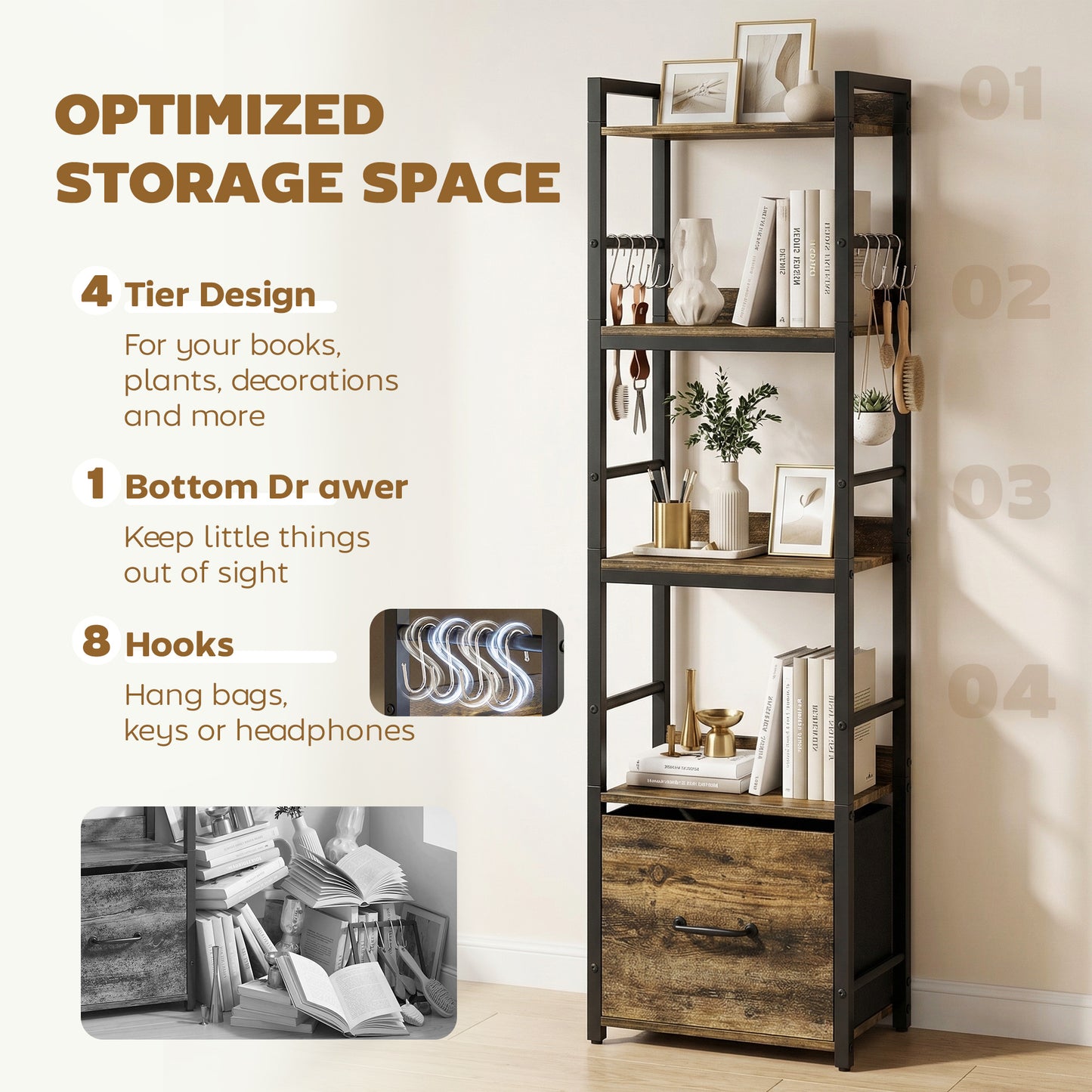 4-Tier Bookshelf, Shelving Unit with Drawer, 8 Hooks, Rustic Brown