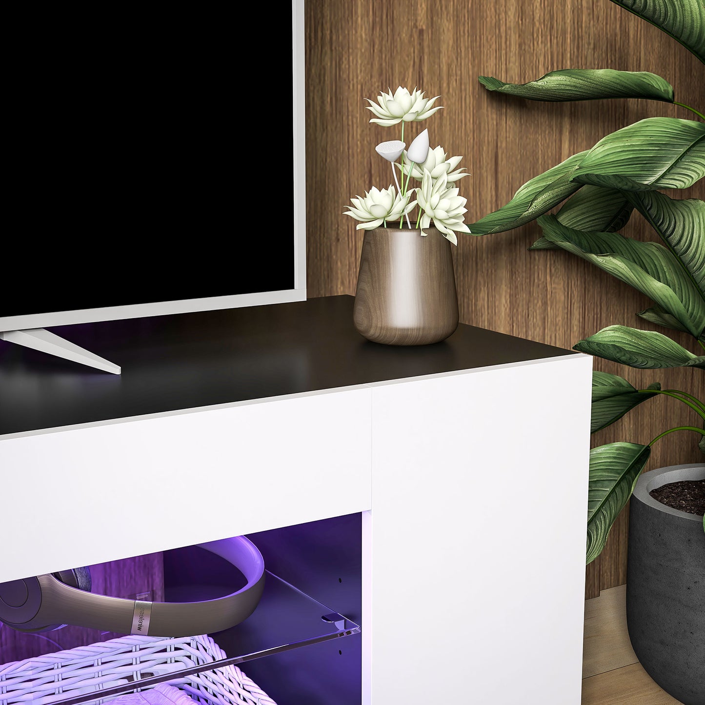 TV Stand 145cm TV Unit with Glass Shelves RGB LED Light for 60"TV White